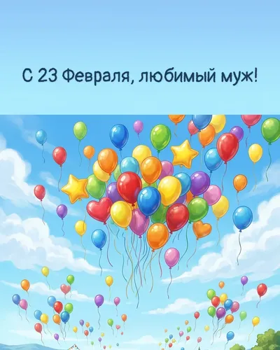 Поздравительная открытка: разноцветные воздушные шары, парящие в облаках