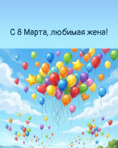 Поздравительная открытка: разноцветные воздушные шары, парящие в облаках