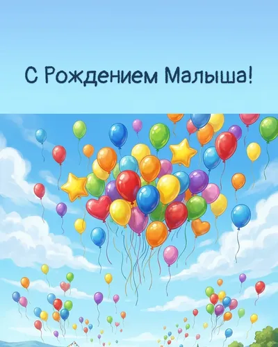 Открытка с рождением малыша: разноцветные шары в форме звёзд и месяца над колыбелью