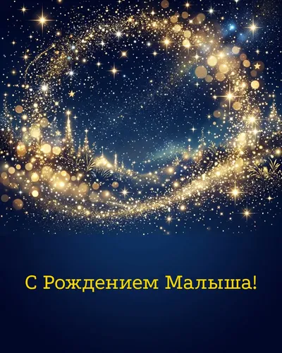 Открытка с рождением малыша: звёздное небо, месяц-колыбель и серебристые звёздочки