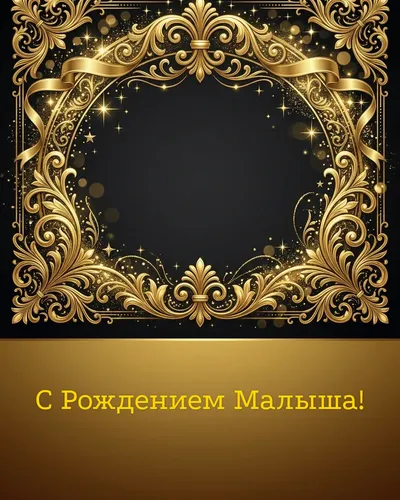 Открытка с рождением малыша: золотые узоры на тёмном фоне с детскими пинетками и короной