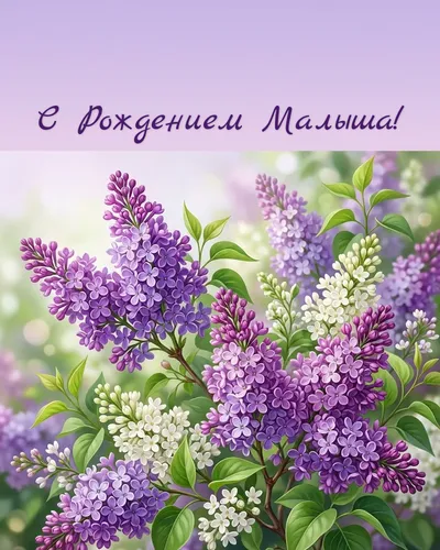 Открытка с рождением малыша: ветка сирени, колыбель и бабочки, утренний свет